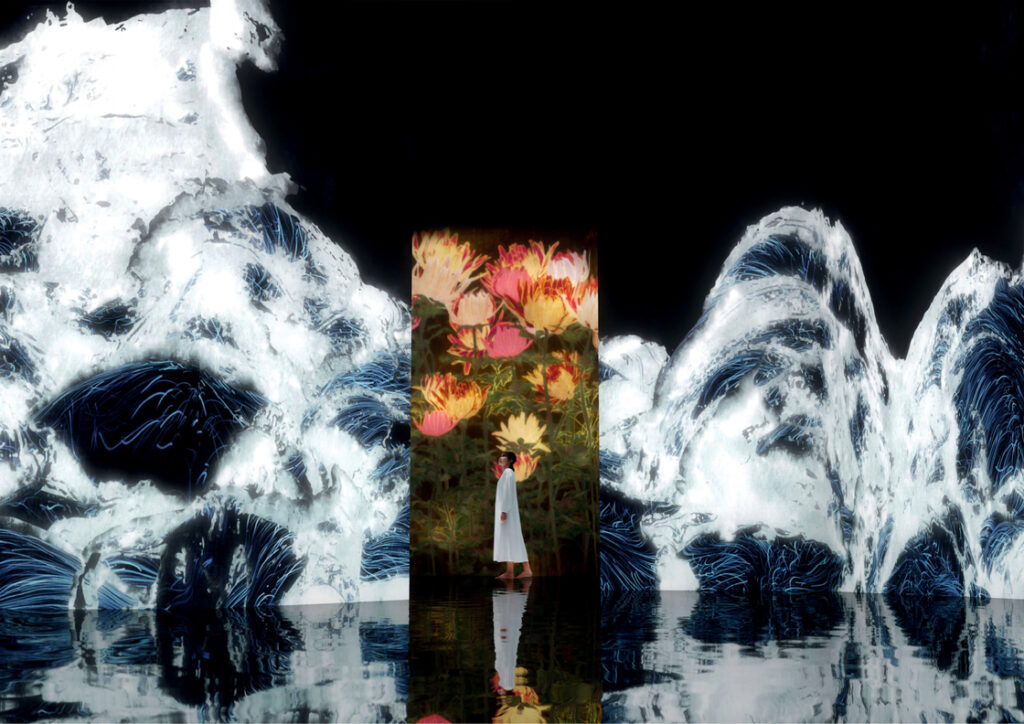teamLab. Illustratiivne näitusevaade. Hõljuvad õied igavikumeres. 2022. Kumu kunstimuuseum. © teamLab, Pace Gallery loal